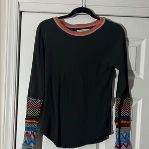 We The Free Black Top with Colorful Patterned Sleeves